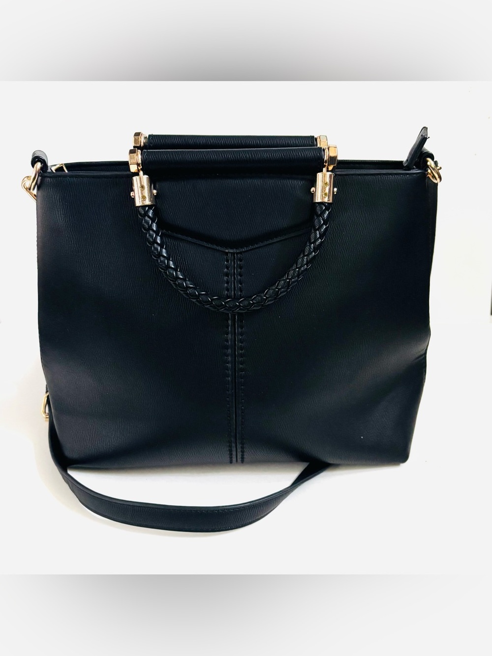 Miztique Black Structured Vegan Leather Tote Bag Braided Handle